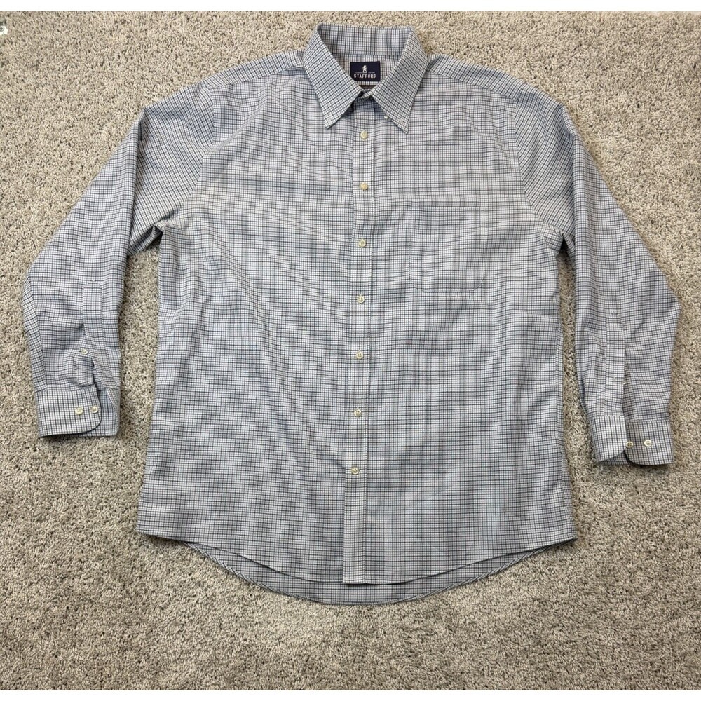 Stafford Men's 17.5 34-35 Blue Check Wrinkle Free Oxford Long Sleeve Dress Shirt